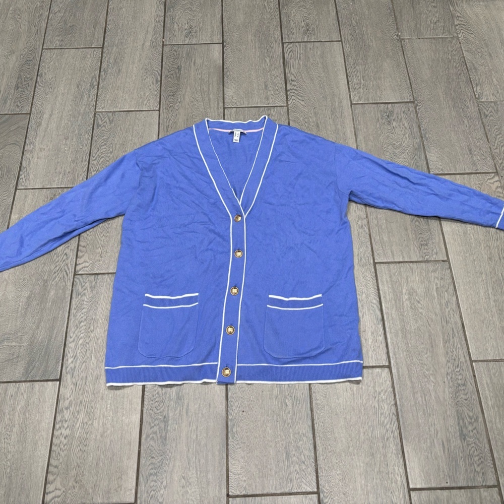 Isaac Mizrahi Live! Relaxed Sweater Cardigan with Tipped Trim Periwinklekle - Picture 2 of 6